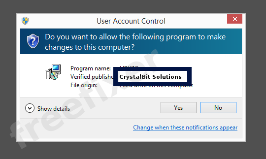 Screenshot where CrystalBit Solutions appears as the verified publisher in the UAC dialog